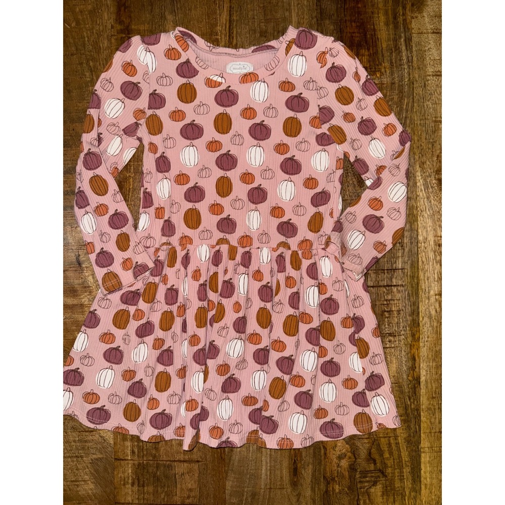 Mud Pie Toddler Girls Pink Ribbed Pumpkin Print Long Sleeve Fall Dress 2T-3T